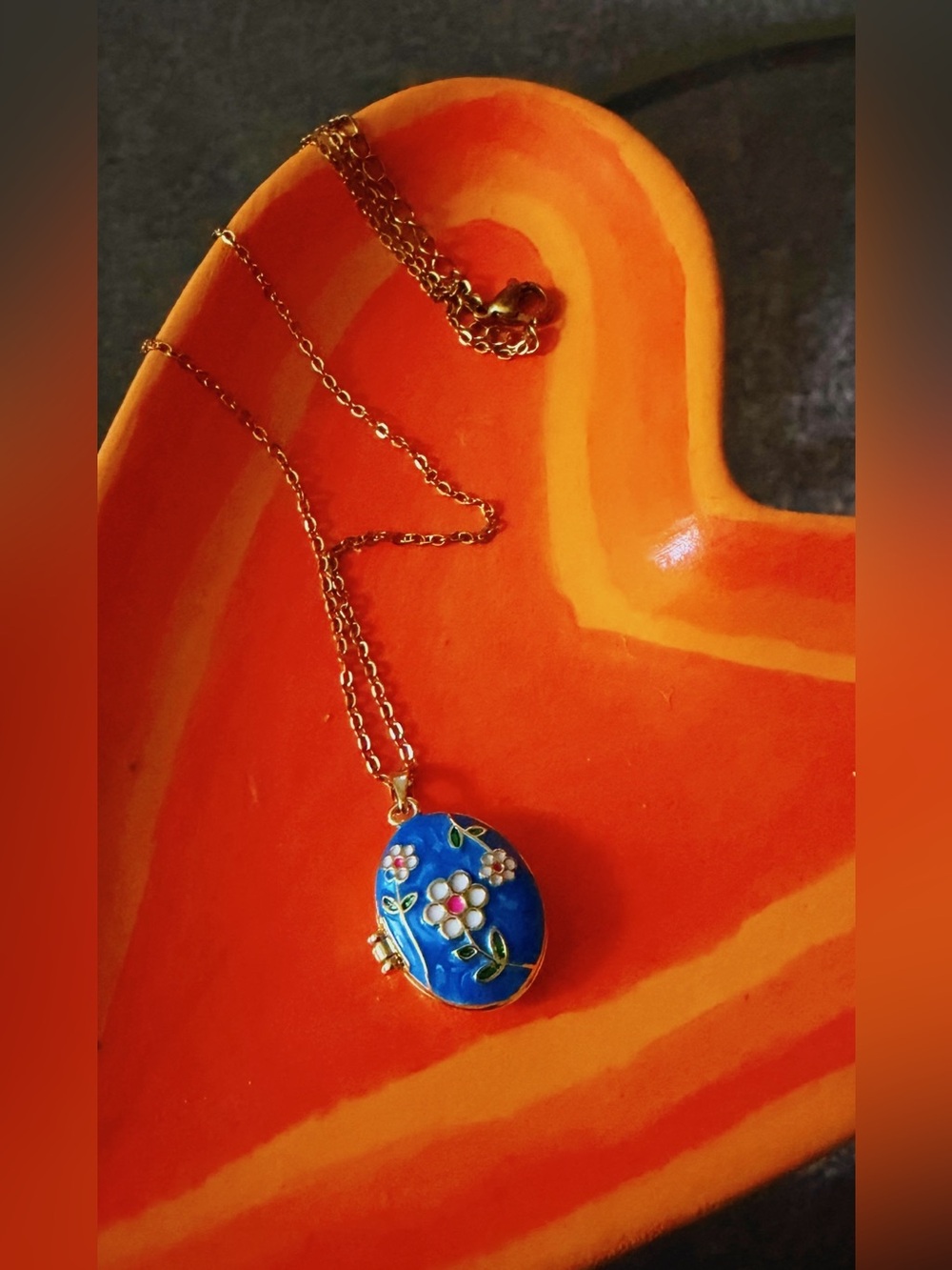 Gold-Tone Blue Floral Enamel Locket Necklace